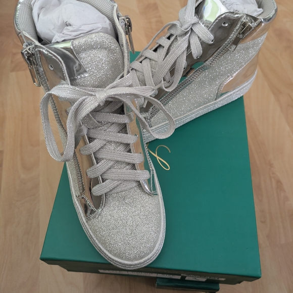 Lauren Lorraine Glittery Metallic Silver High Top Sneakers - Picture 2 of 5